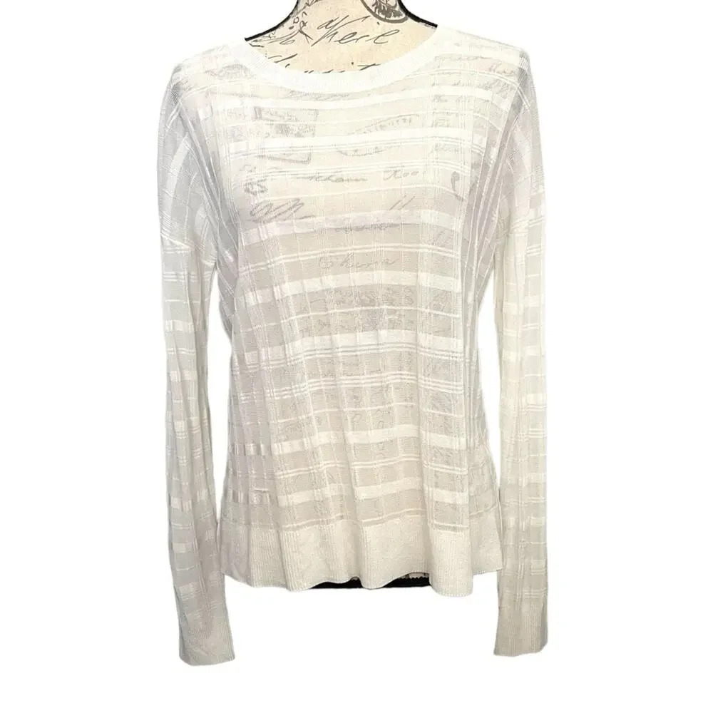 One‎ Grey Day Sweater Womens S White Sheer Plaid Knit Long Sleeve Coastal Layer